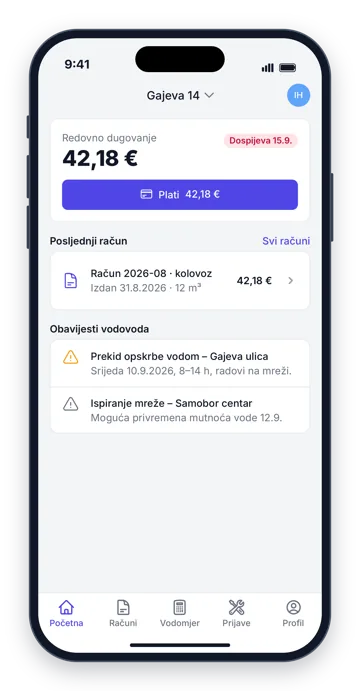 Početni ekran s dugovanjem i obavijestima vodovoda