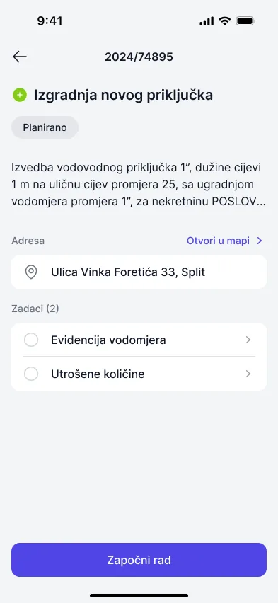 Detalj radnog naloga s adresom i zadacima